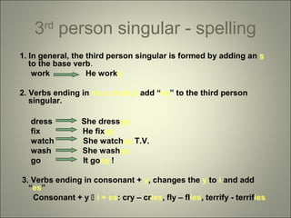 3 person singular - spelling
rd

1. In general, the third person singular is formed by adding an s
to the base verb.
work
He works
2. Verbs ending in ss,x,ch,sh,o add “es” to the third person
singular.
dress
fix
watch
wash
go

She dresses
He fixes
She watches T.V.
She washes
It goes !

3. Verbs ending in consonant + y, changes the y to i and add
“es”
Consonant + y  i + es: cry – cries, fly – flies, terrify - terrifies

 