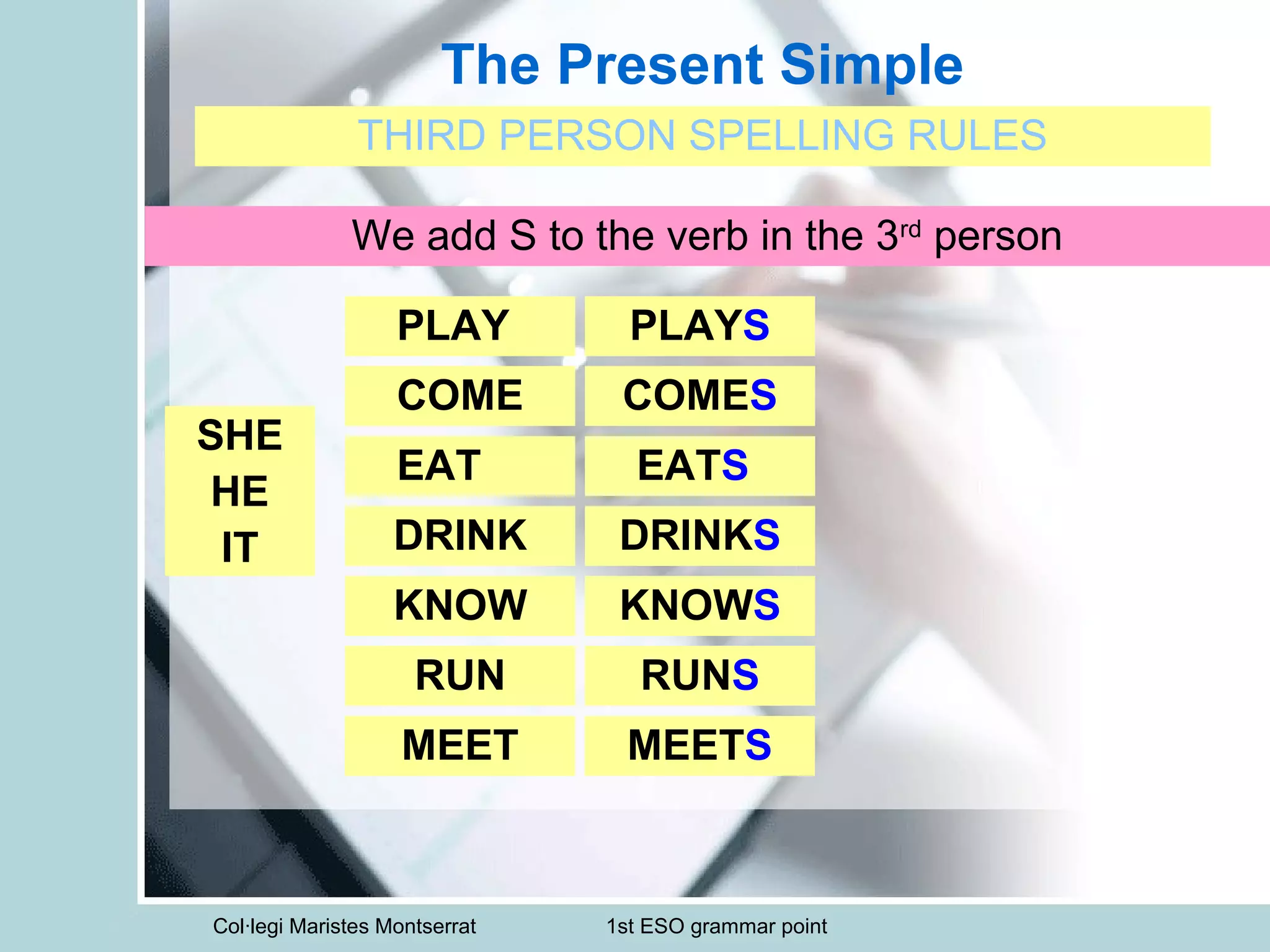 Col·legi Maristes Montserrat 1st ESO grammar point
The Present Simple
THIRD PERSON SPELLING RULES
SHE
HE
IT
We add S to the verb in the 3rd
person
PLAY PLAYS
COME COMES
EAT EATS
DRINK DRINKS
KNOW KNOWS
RUN RUNS
MEET MEETS
 