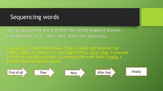 Sequencing wordsWe use sequencing words to describe on the stages of process. Example: first of all, then, next, after that and finally. First of all, I check the emails. Then, I reply and forward the emails. Next, I conduct my morning briefing. After that, I proceed to the various departments to oversee the work flow. Finally, I prepare daily progress report. 
First of all 
Then 
Next 
After that 
Finally  