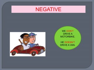 NEGATIVE
WE DON’T
DRIVE A
MOTORBIKE.
HE DOESN’T
DRIVE A VAN.