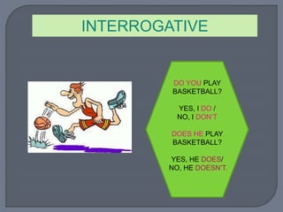 INTERROGATIVE
DO YOU PLAY
BASKETBALL?
YES, I DO /
NO, I DON’T
DOES HE PLAY
BASKETBALL?
YES, HE DOES/
NO, HE DOESN’T.