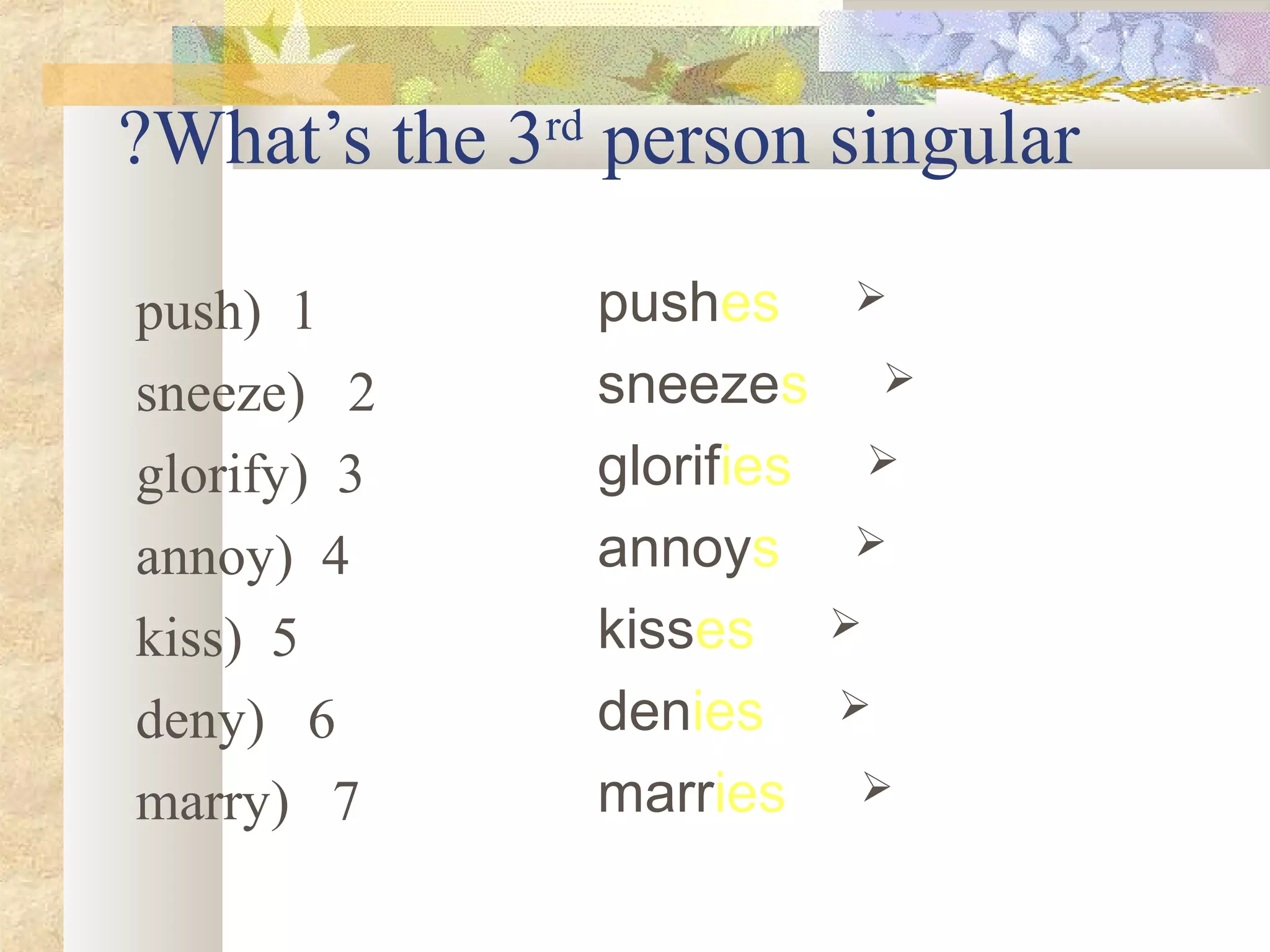 What’s the 3rd
person singular?
1)push
2)sneeze
3)glorify
4)annoy
5)kiss
6)deny
7)marry
pushes
sneezes
glorifies
annoys
kisses
denies
marries
 