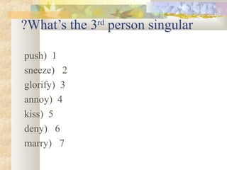 What’s the 3rd
person singular?
1)push
2)sneeze
3)glorify
4)annoy
5)kiss
6)deny
7)marry
 