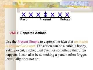 Use 1
Use the Present Simple to express the idea that an action
is repeated or usual. The action can be a habit, a hobby,
a daily event, a scheduled event or something that often
happens. It can also be something a person often forgets
or usually does not do.
USE 1: Repeated Actions
 