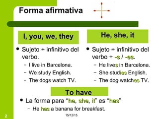15/12/152
Forma afirmativa
I, you, we, theyI, you, we, they He, she, itHe, she, it
 Sujeto + infinitivo del
verbo.
– I live in Barcelona.
– We study English.
– The dogs watch TV.
 Sujeto + infinitivo del
verbo + -s-s / -es-es.
– He livess in Barcelona.
– She studiesies English.
– The dog watcheses TV.
To haveTo have
 La forma para “hehe, sheshe, itit” es “hashas”
– He hashas a banana for breakfast.
 