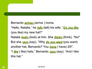 15/12/1523
Bernardo arrivesarrives (arrive ) home.
“Hello, Natalie,” he tellstells (tell) his wife. “Do you likeDo you like
(you like) my new hat?”
Natalie lookslooks (look) at him. She thinksthinks (think), “No!”
But she sayssays (say), “Why do you wantdo you want (you want)
another hat, Bernardo? You havehave ( have) 20!”.
“I likelike ( like) hats,” Bernardo sayssays (say). “And I like
this hat.”
 