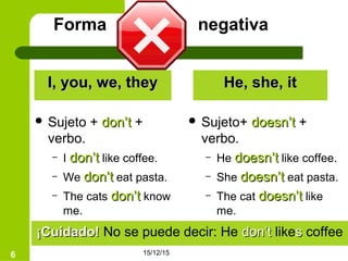 15/12/156
Forma negativa
I, you, we, theyI, you, we, they He, she, itHe, she, it
 Sujeto + don’tdon’t +
verbo.
– I don’tdon’t like coffee.
– We don’tdon’t eat pasta.
– The cats don’tdon’t know
me.
 Sujeto+ doesn’tdoesn’t +
verbo.
– He doesn’tdoesn’t like coffee.
– She doesn’tdoesn’t eat pasta.
– The cat doesn’tdoesn’t like
me.
¡Cuidado!¡Cuidado! No se puede decir: He don’tdon’t likess coffee
 