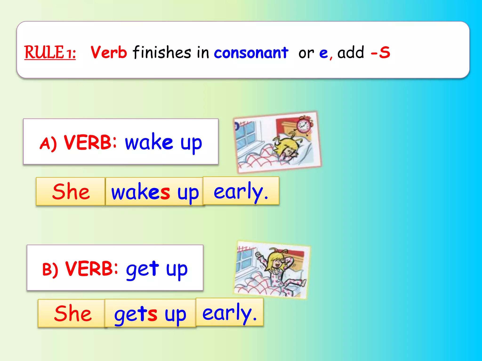 She gets up early.
B) VERB: get up
RULE 1: Verb finishes in consonant or e, add -S
A) VERB: wake up
She wakes up early.