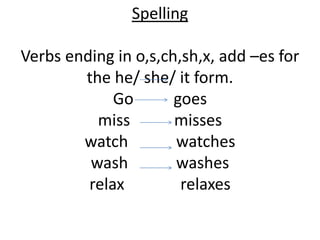 Spelling
Verbs ending in o,s,ch,sh,x, add –es for
the he/ she/ it form.
Go goes
miss misses
watch watches
wash washes
relax relaxes