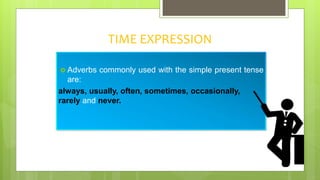 TIME EXPRESSION
 Adverbs commonly used with the simple present tense
are:
always, usually, often, sometimes, occasionally,
rarely and never.
 