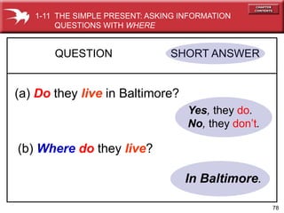 78
Yes, they do.
No, they dont.
QUESTION SHORT ANSWER
(a) Do they live in Baltimore?
(b) Where do they live?
In Baltimore.
1-11 THE SIMPLE PRESENT: ASKING INFORMATION
QUESTIONS WITH WHERE
 