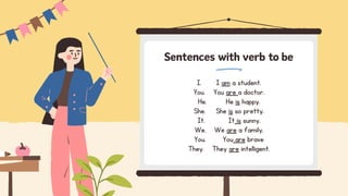 I. I am a student.
You. You are a doctor.
He. He is happy.
She. She is so pretty.
It. It is sunny.
We. We are a family.
You. You are brave
They. They are intelligent.
Sentences with verb to be
 
