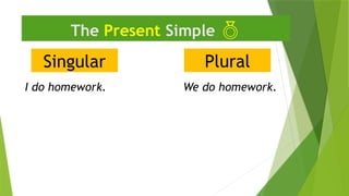 Singular
The Present Simple 
I do homework.
Plural
We do homework.
 