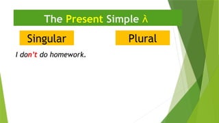 Singular
The Present Simple 
I don’t do homework.
Plural
 