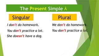 Singular
The Present Simple 
I don’t do homework.
Plural
We don’t do homework.
She doesn’t have a dog.
You don’t practice a lot.
You don’t practice a lot.
 