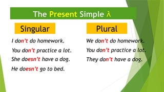 Singular
The Present Simple 
I don’t do homework.
They don’t have a dog.
He doesn’t go to bed.
Plural
We don’t do homework.
She doesn’t have a dog.
You don’t practice a lot.
You don’t practice a lot.
 