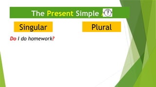 Singular
The Present Simple 
Do I do homework?
Plural
 