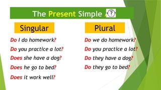 Singular
The Present Simple 
Do I do homework?
Do they have a dog?
Does he go to bed?
Plural
Do we do homework?
Does she have a dog?
Do they go to bed?
Does it work well?
Do you practice a lot?
Do you practice a lot?
 