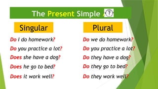 Singular
The Present Simple 
Do I do homework?
Do they have a dog?
Does he go to bed?
Plural
Do we do homework?
Does she have a dog?
Do they go to bed?
Does it work well? Do they work well?
Do you practice a lot?
Do you practice a lot?
 