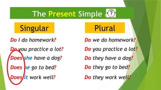 Singular
The Present Simple 
Do I do homework?
Do they have a dog?
Does he go to bed?
Plural
Do we do homework?
Does she have a dog?
Do they go to bed?
Does it work well? Do they work well?
Do you practice a lot?
Do you practice a lot?
 
