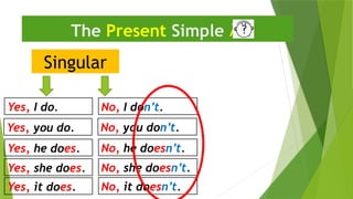 Singular
The Present Simple 
Yes, I do. No, I don’t.
Yes, he does. No, he doesn’t.
Yes, you do. No, you don’t.
Yes, she does. No, she doesn’t.
Yes, it does. No, it doesn’t.
 
