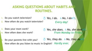 ASKING QUESTIONS ABOUT HABITS AND
ROUTINES.
1. Do you watch television?
2. How often do you watch televisión?
3. Does your mom work?
4. How often does she work?
5. Do your parents live with you?
6. How often do you listen to music in English?
 Yes, I do.  No, I don’t.
 Yes, she does.  No, she doesn’t.
 Yes, they do.  No, they don’t.
From Monday to Friday.
Hardly ever.
Every day!
 
