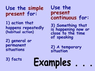 Use the  simple present  for: 1) action that happens repeatedly   (habitual action) 2) general or permanent situations 3) facts   Use the  present continuous  for: Something that is happening now or close to the time of speaking 2) A temporary situation Examples . . . 