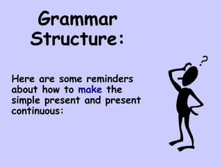 Grammar Structure: Here are some reminders about how to  make  the simple present and present continuous: 