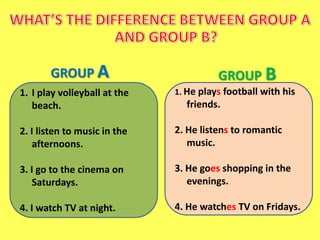 GROUP A                          GROUP B
1. I play volleyball at the   1. He plays football with his
   beach.                       friends.

2. I listen to music in the   2. He listens to romantic
    afternoons.                  music.

3. I go to the cinema on      3. He goes shopping in the
    Saturdays.                   evenings.

4. I watch TV at night.       4. He watches TV on Fridays.
 