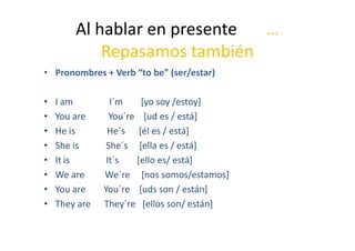 Al hablar en presente …
Repasamos también
• Pronombres + Verb “to be” (ser/estar)
• I am I´m [yo soy /estoy]
• You are You´re [ud es / está]
• He is He´s [él es / está]• He is He´s [él es / está]
• She is She´s [ella es / está]
• It is It´s [ello es/ está]
• We are We´re [nos somos/estamos]
• You are You´re [uds son / están]
• They are They´re [ellos son/ están]
 