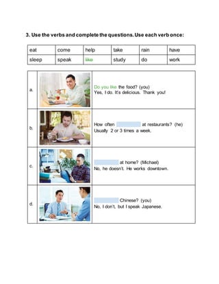 3. Use the verbs and complete the questions.Use each verb once:
eat come help take rain have
sleep speak like study do work
a.
Do you like the food? (you)
Yes, I do. It’s delicious. Thank you!
b.
How often at restaurants? (he)
Usually 2 or 3 times a week.
c.
at home? (Michael)
No, he doesn’t. He works downtown.
d.
Chinese? (you)
No, I don’t, but I speak Japanese.
 