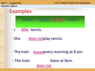 Examples
- I tennis.
- She play tennis.
- The train every morning at 8 am.
- The train leave at 9am.
Subject + (Verb) + (s, es) + Object
play
does not
leaves
does not
I.E.P «Nuestra Señora de Guadalupe»UNIT 1 - English 5th
PRESENT SIMPLE
 