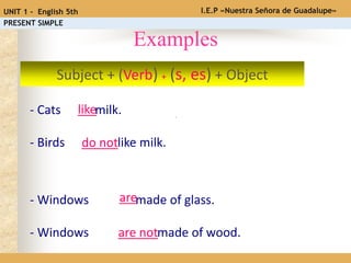 .
- Cats milk.
- Birds like milk.
- Windows made of glass.
- Windows made of wood.
Examples
Subject + (Verb) + (s, es) + Object
like
do not
are
are not
I.E.P «Nuestra Señora de Guadalupe»UNIT 1 - English 5th
PRESENT SIMPLE
 