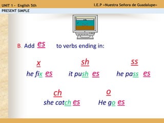 Add es to verbs ending in:
ssx sh
ch
he pass
she catch
he fix it push
B.
o
es es es
es He go es
I.E.P «Nuestra Señora de Guadalupe»UNIT 1 - English 5th
PRESENT SIMPLE
 