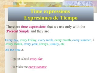 Time expressions
Expresiones de Tiempo
1.Every day, every Friday, every week, every month, every summer,
every month, every year, always, usually, etc.
.2.All the time
There are time expressions that we use only with the
Present Simple and they are:
I go to school every day.
He visits me every summer.
 