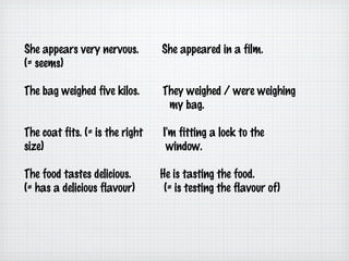 She appears very nervous.
(= seems)

She appeared in a film.

The bag weighed five kilos.

They weighed / were weighing
my bag.

The coat fits. (= is the right
size)

I'm fitting a lock to the
window.

The food tastes delicious.
(= has a delicious flavour)

He is tasting the food.
(= is testing the flavour of)

 