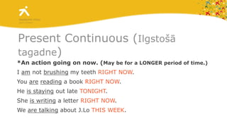 Present Continuous (Ilgstošā tagadne)*An action going on now. (May be for a LONGER period of time.)I am not brushing my teeth RIGHT NOW.You arereading a book RIGHT NOW.He is staying out late TONIGHT.She is writing a letter RIGHT NOW.We are talking about J.Lo THIS WEEK.