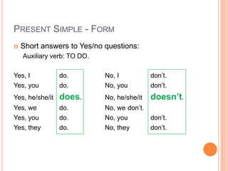 PRESENT SIMPLE - FORM
   Short answers to Yes/no questions:
    Auxiliary verb: TO DO.

Yes, I           do.         No, I           don’t.
Yes, you         do.         No, you         don’t.
Yes, he/she/it   does.       No, he/she/it   doesn’t.
Yes, we          do.         No, we don’t.
Yes, you         do.         No, you       don’t.
Yes, they        do.         No, they      don’t.
 