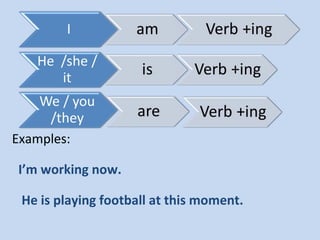 Examples: 
I’m working now. 
He is playing football at this moment. 
 