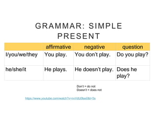 GRAMMAR: SIMPLE
PRESENT
affirmative negative question
I/you/we/they You play. You don’t play. Do you play?
he/she/it He plays. He doesn’t play. Does he
play?
https://www.youtube.com/watch?v=nvVdIJ0las0&t=5s
Don’t = do not
Doesn’t = does not
 