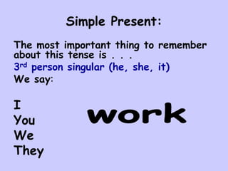 Simple Present:
The most important thing to remember
about this tense is . . .
3rd person singular (he, she, it)
We say:
I
You
We
They
 