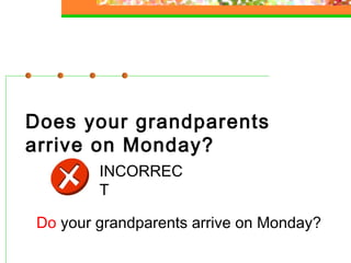 Does your grandparents
arrive on Monday?
INCORREC
T
Do your grandparents arrive on Monday?

 