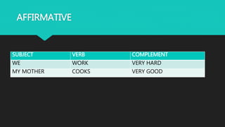 AFFIRMATIVE
SUBJECT VERB COMPLEMENT
WE WORK VERY HARD
MY MOTHER COOKS VERY GOOD
 