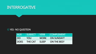 INTERROGATIVE
 YES- NO QUESTION
AUX SUBJECT VERB COMPLEMENT
DO YOU WORK ON SUNDAY?
DOES THE CAT SLEEP ON THE BED?
 