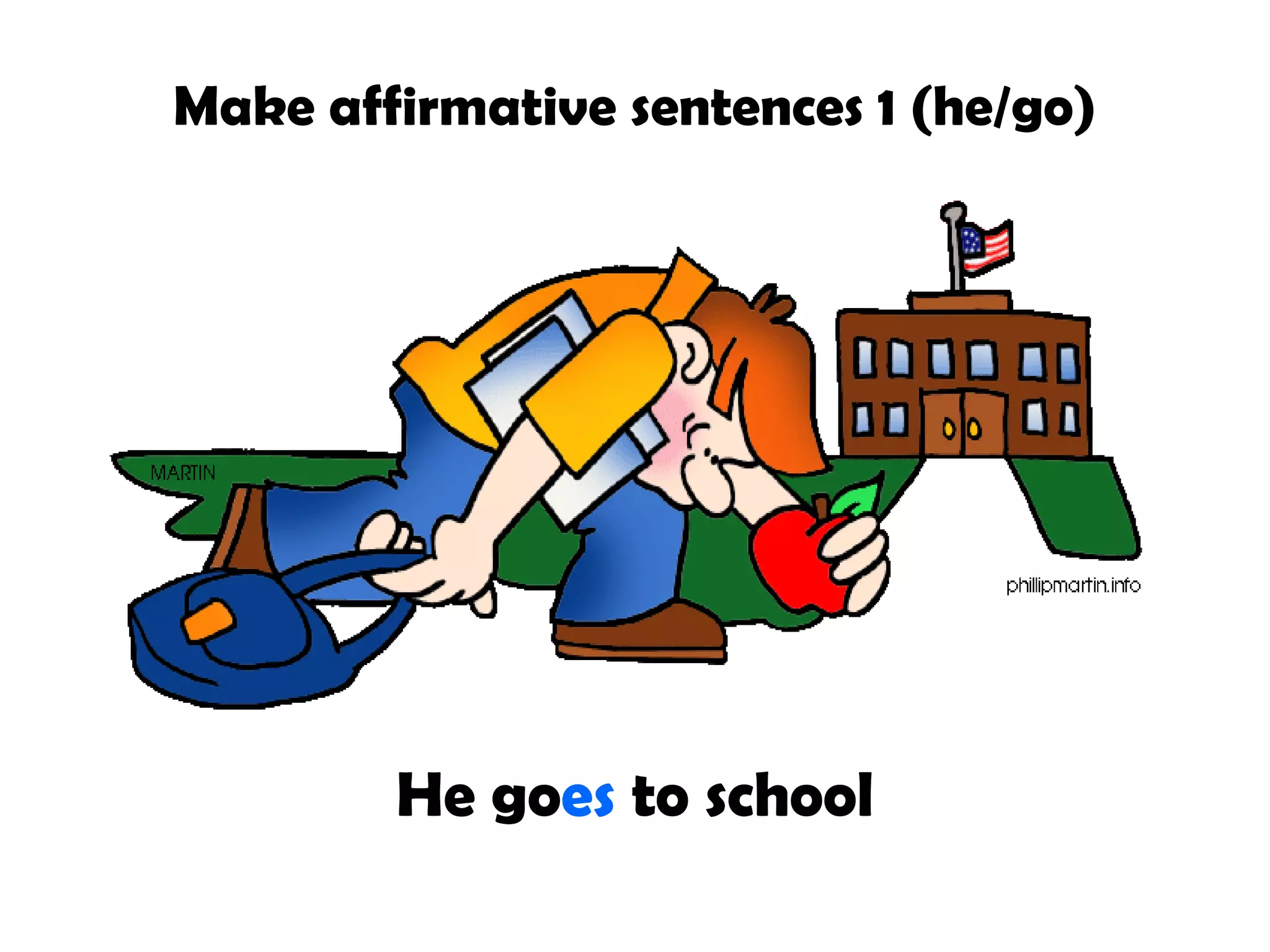 Make affirmative sentences 1 (he/go)

He goes to school

 