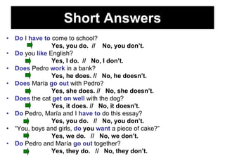 Short Answers
•   Do I have to come to school?
                 Yes, you do. // No, you don’t.
•   Do you like English?
                 Yes, I do. // No, I don’t.
•   Does Pedro work in a bank?
                 Yes, he does. // No, he doesn’t.
•   Does María go out with Pedro?
                 Yes, she does. // No, she doesn’t.
•   Does the cat get on well with the dog?
                 Yes, it does. // No, it doesn’t.
•   Do Pedro, María and I have to do this essay?
                 Yes, you do. // No, you don’t.
•   “You, boys and girls, do you want a piece of cake?”
                 Yes, we do. // No, we don’t.
•   Do Pedro and María go out together?
                 Yes, they do. // No, they don’t.
 