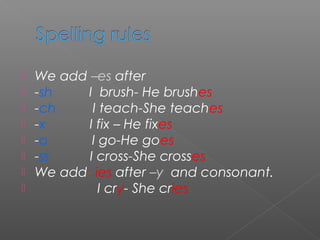 








We add –es after
-sh
I brush- He brushes
-ch
I teach-She teaches
-x
I fix – He fixes
-o
I go-He goes
-ss
I cross-She crosses
We add- ies after –y and consonant.
I cry- She cries

 