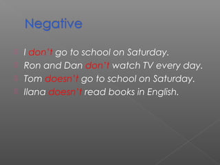 




I don’t go to school on Saturday.
Ron and Dan don’t watch TV every day.
Tom doesn’t go to school on Saturday.
Ilana doesn’t read books in English.

 