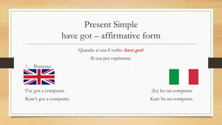 Present Simple
have got – affirmative form
Quando si usa il verbo have got?
Si usa per esprimere:
1. Possesso
I’ve got a computer. (Io) ho un computer.
Kate’s got a computer. Kate ha un computer.
 