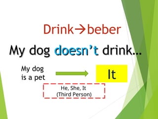 Drinkbeber
My dog
My dog doesn’t
doesn’t drink
drink…
My dog
is a pet It
He, She, It
(Third Person)
 